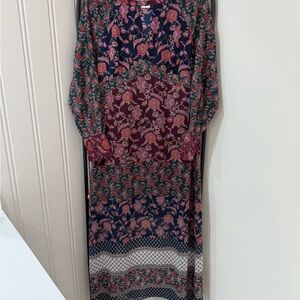 CAbi Navy and Burgundy Floral Long Sleeve Dress